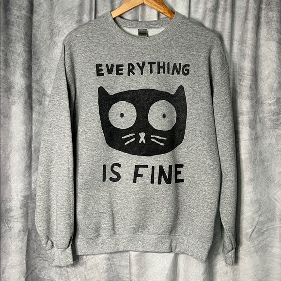 LookHUMAN  Gray Heavy Blend Surprised Cat Everything Is Fine Sweatshirt - MED - Picture 1 of 9